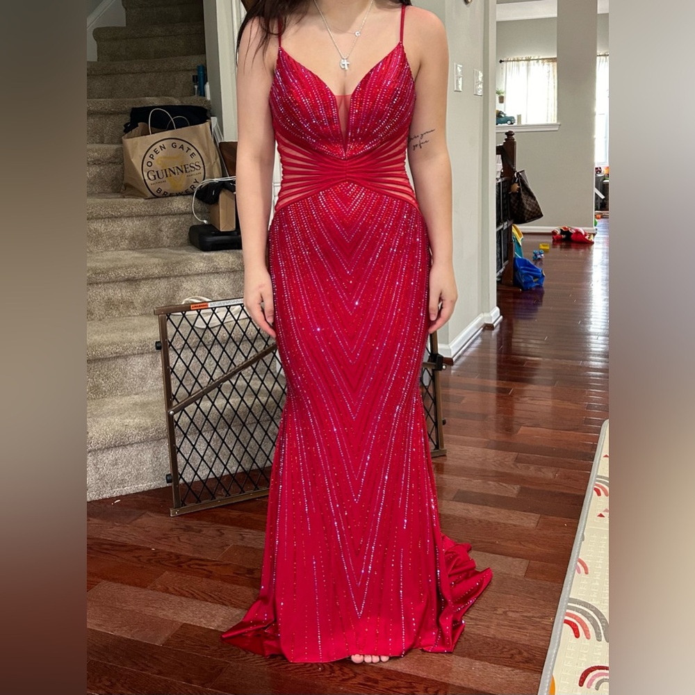 Ellie Wilde Red Rhinestone Prom Dress - Picture 5 of 9